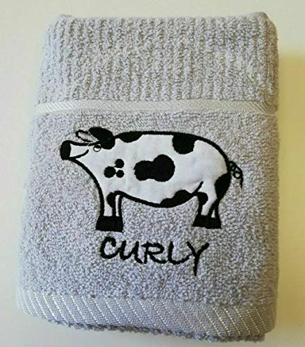 Sue Rossi Ltd 100% Turkish Cotton Tea Towels Embroidered Animal Cooks Cloth Luxury 3 Pack Kitchen Towel Set (Silver Grey Pig)