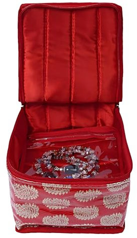 Kuber Industries Brocade Jewellery Box/Organizer with 10 Pouch - Red -CTKTC021464