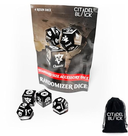 Citadel Black Charakter-Zahlen-Würfel-Set, zufällige Auswahl, für Charaktere oder NPCs, hergestellt für Dungeons and Dragons 5. Edition und andere Tisch-Rollenspiele.