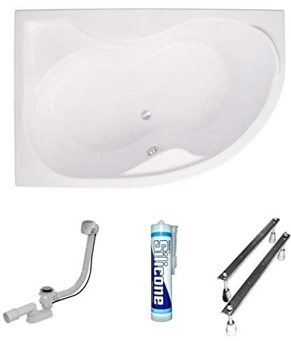 ECOLAM® Badewanne Eckwanne Eckbadewanne Acryl weiß Dora Polimat 170x110 cm LINKS + Ablaufgarnitur Ab- und Überlauf Automatik Füße Silikon - Komplett-Set