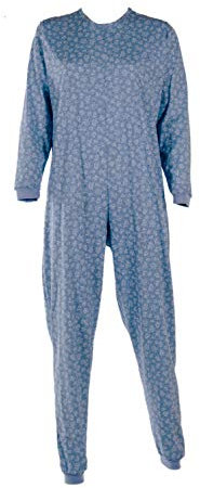 EMY Pyjama-Sets für Damen und Herren – Gesundheits-Pyjama für ältere Menschen mit Reißverschluss hinten, Schlafanzug für ältere Menschen aus 100% Baumwolle in Italien, Blaue Blume, XL