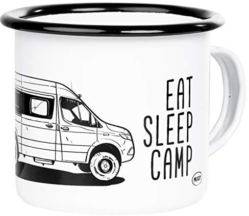 MUGSY Emaille Tasse, Eat Sleep Camp Van-Motiv, 300ml, weiß, Camping Becher, bruchfest & leicht
