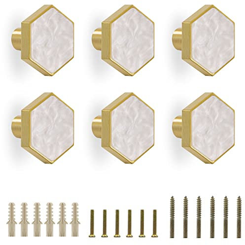 GDICONIC 25mm Hexagon Solid Brass Cabinet Drawer Door Knobs Wardrobe Cupboard Desk Handle Hardware Wall Mounted Coat Hook for Home Kitchen Decorating (6, Pearl White)