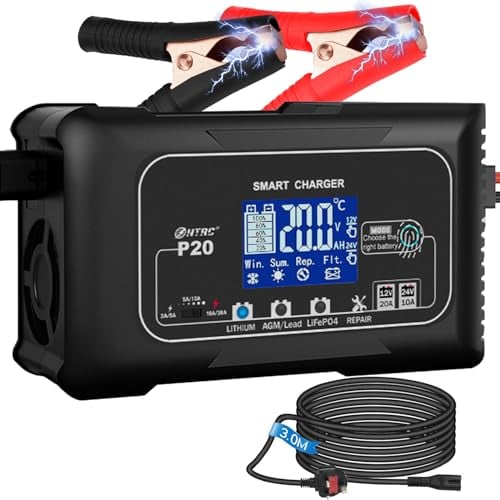 20A Autobatterie Ladegerät, 12V/24V Batterieladegerät KFZ, Ladegeräte für Autobatterien, Erhaltungsladegerät und Desulfator für Motorrad, Rasenmäher, Boot, Lithium, LiFePO4, Blei-Säure(AGM, Gel usw)