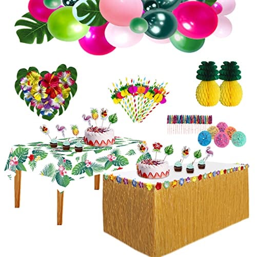HBell Ensemble de 129 pièces de décoration de fête tropicale hawaïenne avec jupe de table Luau, fleurs hawaïennes décoratives, ballons, pailles en papier 3D, plage, fête d'été