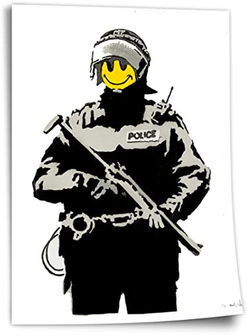 Poster aus Baumwolle Banksy Polizei - Police Smiley - Modern Street-Art - Moderner Kunstdruck Klein bis Groß XXL - Geschenk Wohnzimmer, Schlafzimmer Kunstdruck ohne Rahmen, Wandbild - A4, A3, A2, A..