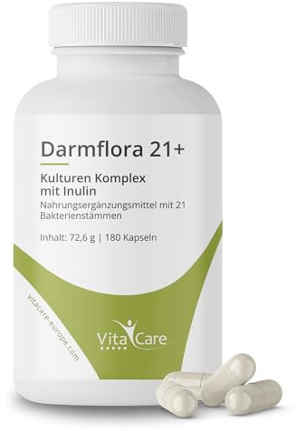 VitaCare Darmflora 21+, 180 vegane Kapseln mit 21 Bakterienkulturen & Inulin, 20 Mrd. KBE/Tagesdosis, Kulturen-Komplex, 21 Bakterienstämme, 3 Monate