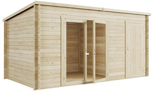 BillyOh Tianna 14x8 ft Log Cabin Summer House with Side Shed Store – Garden Room with Wide Double Doors, Storage Shed, Tongue and Groove Construction | Versatile Tiny Home for Garden Office or Storage
