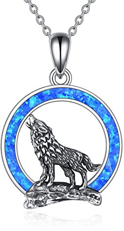 YFN Wolf Anhänger Halskette 925 Sterling Silber mit Mond Halskette Wolf Schmuck für Herren Damen (Blue-Wolf Halskette mit blauem Opal)