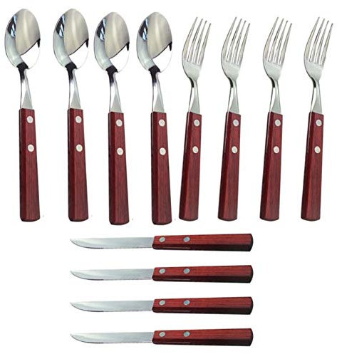 12pcs Manera de madera Cubiertos de acero inoxidable Forks Forks Spoons Knives Plandeware Set