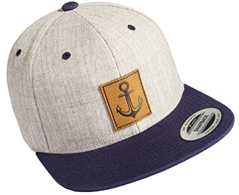 Cap Flexfit Snapback : Anker (Leder-Patch) - Kappe Herren & Damen Kapitänsmütze (Grau-Blau)