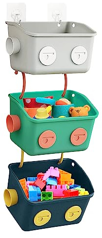 Karceyworth Bath Toy Storage Organizer Basket, 3 Pack Cute Robot Bathtub Toy Organizer, Wall Mounted Hanging Bath Toy Holder with Hooks, for Tub Laundry