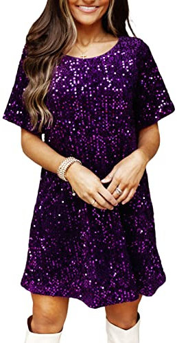 Geagodelia Robe à Paillettes Femme Manches Courtes Oversize Robe T-Shirt à Sequins pour Disco Soirée Fête Clubwear (Violet, M)