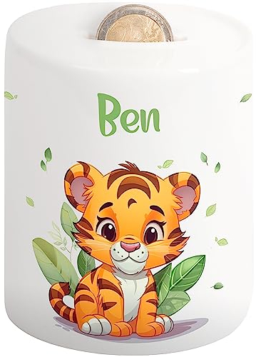 Süße Kinder-Spardose mit Namen – Sparschwein für Mädchen & Jungen – personalisiertes Geschenk zur Einschulung Taufe Geburtstag Weihnachten – Geldgeschenk-Verpackung Kinder (Tiger, Blätter)