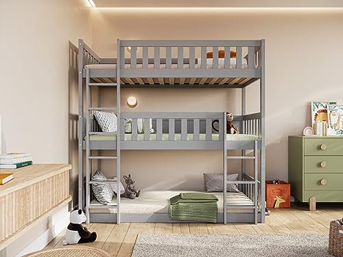 Flair Furnishings - Triple Bunk Beds for Kids, High Bunk Bed, Heavy Duty and Sturdy, Cosy, Stylish, Space Saving Design (Grey)