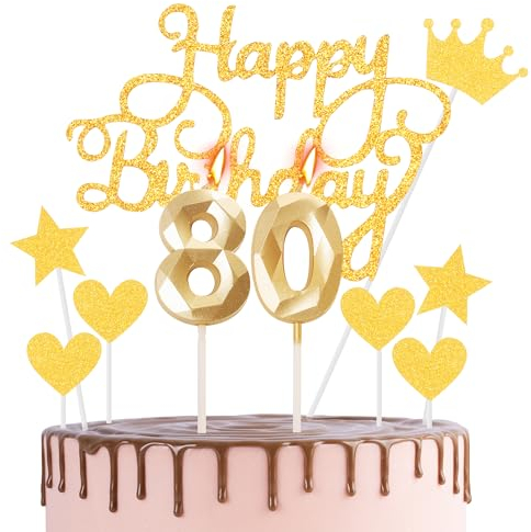 HONGCI Gold 80th Birthday Cake Topper & Candles - 80th Birthday Cake Decorations