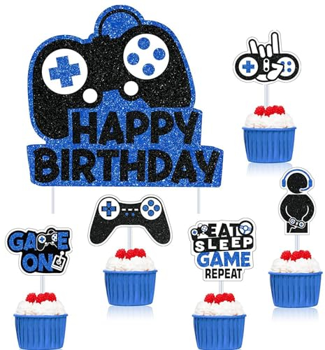 ENLACE Videospiel Tortendeko Geburtstag Junge,6 Stück Happy Birthday Cake Topper Blau,Glitzer Gaming Kuchen Deko,Tortendeko Videospiel,Gamer Deko für Torte zum Kindergeburtstag Spiel Thema Party