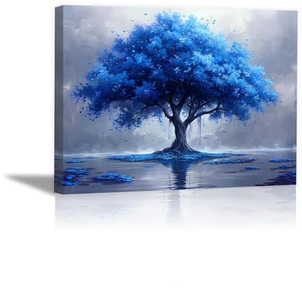 JOSUE Peinture Sur Toile Tableau Arbre De Vie Arbre minimaliste Tableau Murale Decoration Toile,Bleu, Gris Image Pour Salon Chambre DéCoration Murale Moderne- 40x60cm Encadrée