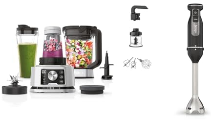 Ninja Foodi Frullatore Power Nutri 3 in 1,1200 W, caraffa da 2,1L, tazza 700ml e ciotola 400ml & Foodi Frullatore a immersione 3 in 1, 850 W, tritatutto ad avvio graduale