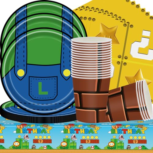 Enfants Set de Fete Vaisselle, Anime Vaisselle,Vaisselle De Fête Dessin animé,Kit Vaisselles réutilisable Anniversaire, Ensemble Vaisselle de Fête avec assiettes, gobelets, serviettes, Nappe (61PCS 20