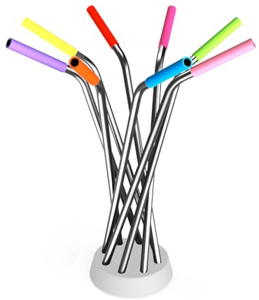 Pailles en acier inoxydable réutilisables et incurvées, set de 8, pailles en métal de 27 cm avec embouts en silicone, sans BPA, écologiques avec 2 brosses de nettoyage, design décoratif 3D