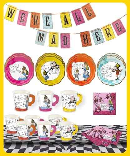 Talking Tables | Alice in Wonderland Party Decorations & Tableware for 16 Guests | Mad Hatter Double Sided Bunting, Paper Plates, Napkins, Cups, Table Cover for Birthday, Afternoon Tea Baby Shower