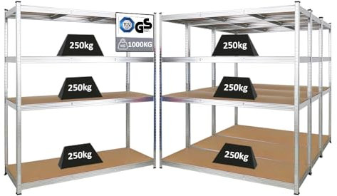 PROREGAL Mega Deal 4X Schwerlastregal Taurus XL mit TÜV/GS Zertifizierung 180x160x60cm mit Fachlast 250kg Verzinkt Kellerregal, Steckregal, Garagenregal, Lagerregal