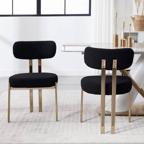 chairus Kunstfell Esszimmerstühle 2er Set Wohnzimmer Modern Armlose Akzentstühle Küchenstühle mit Goldene Metallbeinen (Schwarz)