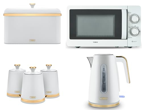 Tower Cavaletto White 1.7L 3KW Jug Kettle, T24034WHT 20L 700W Microwave, Bread Bin & Canisters. Contemporary Matching Kitchen Set of 6