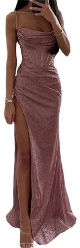 Agiyenna Robe de Soirée Élégante à Paillettes pour Femmes - Sans Manches, Épaules Dénudées, Longue, Sexy, Moulante, Col en V, Bretelles Spaghetti, Fente Haute, Tendance