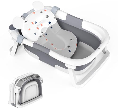 Foldable Baby Bath tub,Collapsible Toddler Bathtub with Baths Support Cushion Pad Seat Mat,Baby Bathtub Newborn to Toddler 0-24 Months,Baby Essentials for Newborn Portable Travel Baby Bath Tub