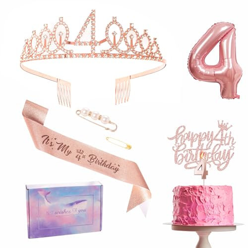 Rose Gold 4th Birthday Decorations for Girl 4th Birthday Sash and Tiara Set, 4th Birthday Party Sash Crown Birthday Cake Topper Number 4 Foil Balloons Candles, 4th Birthday Gifts for Girl
