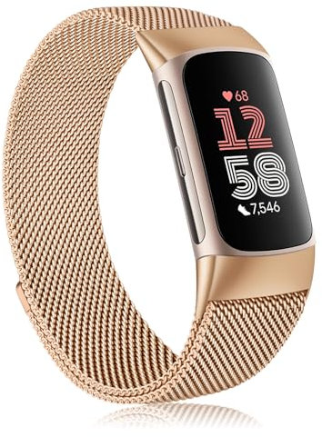 Metal Strap for Fitbit Charge 6/5 - Adjustable Stainless Steel Mesh Loop With Magnetic Clasp for Women Men (Rose Gold)