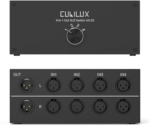 Cubilux AS-X2 Selector XLR estéreo 4 en 1 salida, conmutador de audio de entrada de línea XLR equilibrado pasivo, caja de interruptor de micrófono, carcasa de aleación de aluminio completa, compatible