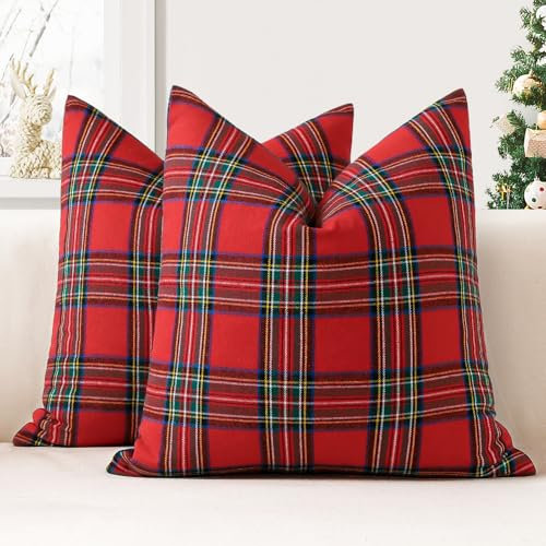 JOTOM 2er Set Weihnachten Schottisches Karo Kissenbezüge, Dekorative Plaid Tartan Wurf Kissenbezug Sofakissen Dekokissen Zierkissenbezug für Wohnzimmer Schlafzimmer Deko (45x45cm, Rot+Grün)