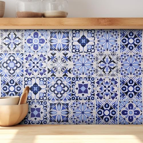 Adesivi per piastrelle, stile vintage, blu, marocchino, adesivi da parete, fai da te, cucina, bagno, parete posteriore, pavimento, decorazione per la casa, PVC, impermeabile, resistente all'olio, 15,2