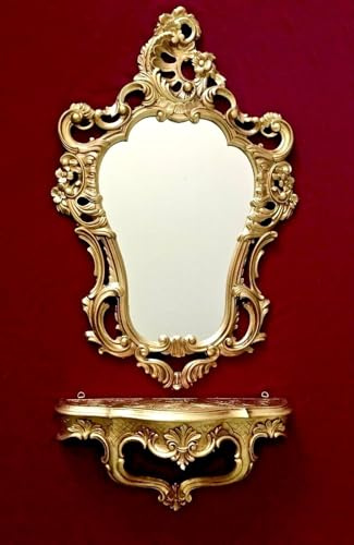 Pintici Console murale dorée avec miroir mural, style antique, 50 x 76 cm, étagère murale, miroir de salle de bain, miroir mural avec étagère, rococo