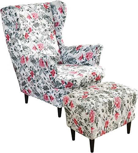 ZGantrix Ohrensessel überzug mit Hocker Bezug, 2 Teilig Sessel-Überwürfe+1 Teilig Ottomane Schonbezug, Beige/Grün/Rosa/Blau Ohrensessel Schonbezüge Sesselhusse Stretch Tiger Stuhlbezug mit Armlehne