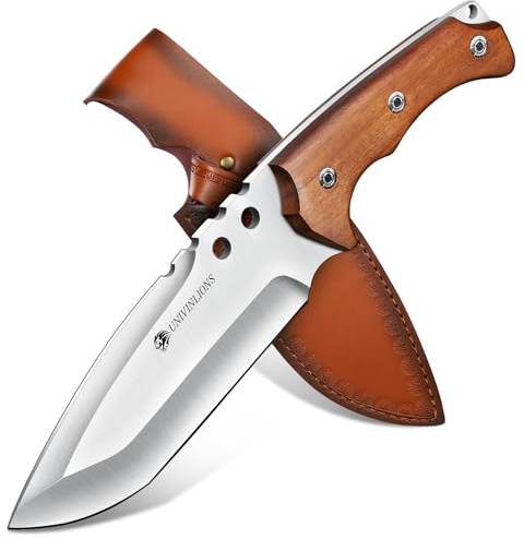 univinlions Bushcraft Messer Outdoor -Jagdmesser Feststehende Klinge | Lederscheide Hochbelastbar 5 mm Dicke Klinge Full Tang Messer zum Hacken Survival,Geschenke für Männer,Brown