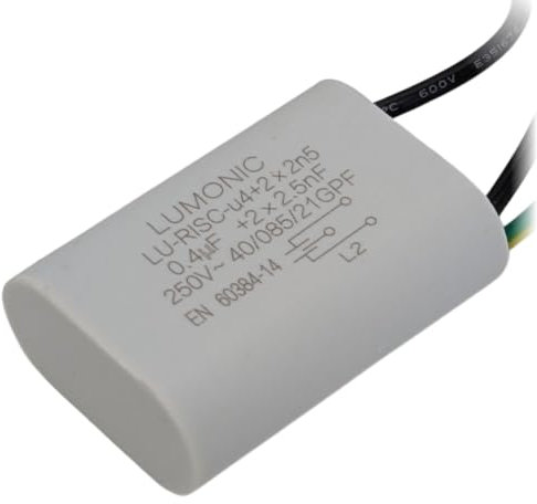 Lumonic I Entstörkondensator 0,4µF 2x2,5nF 250VAC I 42x30x14mm I -40...+85° I 3 Anschlusskabel I Radial I 0,4uF I EMV-Kondensator I für Haushaltsgerät