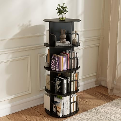 Manora Drehbares Rundes Bücherregal Holz Schwarz,360°Drehbar 4 Ebenen mit Mittelscheibe,Anti-Kippschutz für Wohnzimmer Kinderzimmer Home-Office