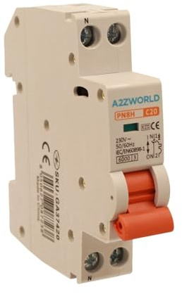 Interruptor magnetotérmico 20A C20, 1P + N 6kA Curva C, Slim Solo 1 módulo DIN 220V AC, Certificado IEC60898-1, Serie PN8H