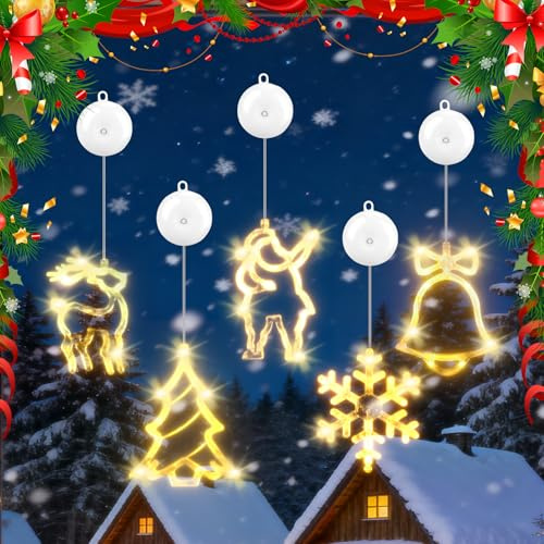 Kasanni Luci Natalizie LED per Finestra, Set di 5 Decorazioni con Ventose e 10 Adesivi Extra, Bianco Caldo a Batterie, Babbo Natale Renna Albero Campana Stella, Decorazioni Natalizie per Interni Casa