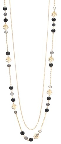 FULU AUTUMN Layered Long Gold Necklaces for Women Natural Stone Beaded Double Chain with Flower Costume Jewellery(Black)