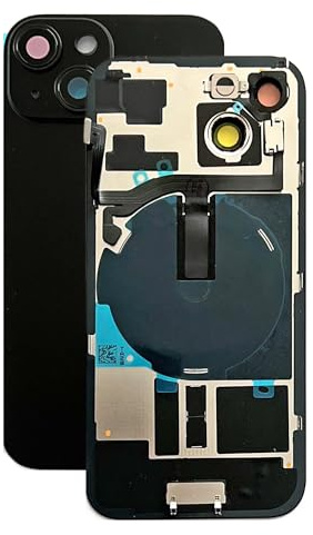 SVV Backcover, Akkudeckel passend für iPhone 15 Serie. Vormontiert : mit QI/NFC Flexkabel, Magnet, Metallträger, Kameraringe, etc. Genau wie auf das Foto. Ersatzrückglas. OEM (Schwarz)