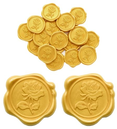 YAZWUR 30 Stück Selbstklebend Wachssiegel Rosenform Umschlagaufkleber Dekoration Sticker für Hochzeit, Einladungen, Geschenke, Briefe (Hellgold)