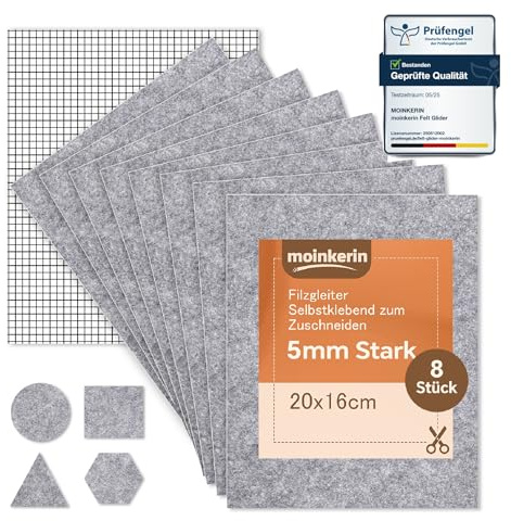 moinkerin 8 Stück Filzgleiter Selbstklebend zum Zuschneiden 16x20cm Groß 5mm Selbstklebende Filzgleiter für Stühle,Parkett Lärmreduzierung & Kratzschutz Filzfüße Schneiden Sie Jede Form (Grau)