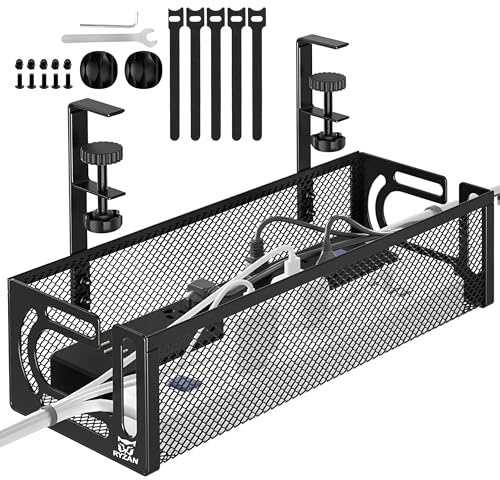 RYZAN Under Desk Cable Management Tray, Black & White Wire Organizer, 39cm & 64cm Metal Mesh Tray, Power Strip Holder with Mounting Kit (Black, 39 CM)