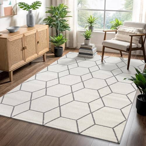 SANAT Wohnzimmerteppich – Pflegeleicht, für jeden Raum geeignet – Öko-Tex zertifizierter Flächenteppich – Trellis Muster, Creme, 240 x 340 cm