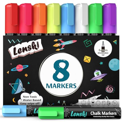 Lenski 8 Colour Liquid Chalk Pens, 6mm Chalk Pens for Blackboards | Liquid Chalk Markers, Window, Glass, Chalkboard, Reversible Tip, Girls Birthday Presents, Gifts for Kids